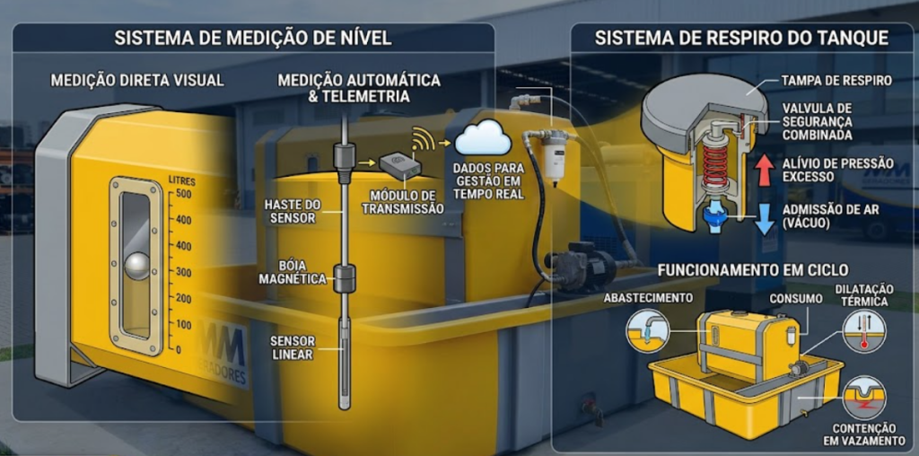 Detalhe do sistema de medição de nível e respiro do tanque