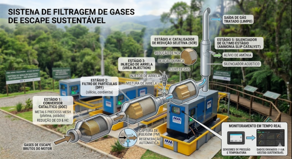 Detalhe de sistema de filtragem de gases de escape